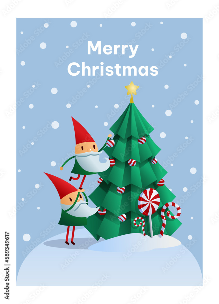 Christmas postcard with elves. Fictional characters under snow near tree. Design element for greeting and invitation card. New Year and winter holidays. Cartoon flat vector illustration