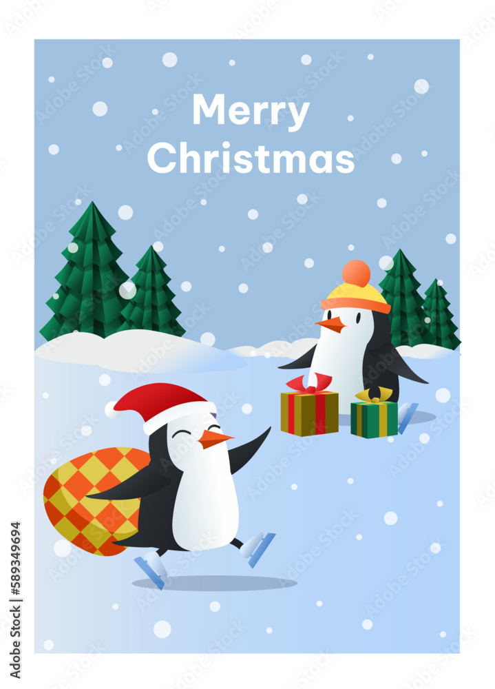 Christmas postcard with penguins. Arctic birds with gifts in santa claus hat. Poster or banner. Culture and traditions, international winter holiday and festival. Cartoon flat vector illustration Christmas postcard with penguins. Arctic birds with gifts in santa claus hat. Poster or banner. Culture and traditions, international winter holiday and festival. Cartoon flat vector illustration