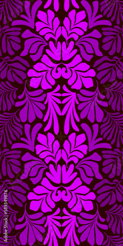 Pink purple abstract background with tropical palm leaves in Matisse style. Vector seamless pattern with Scandinavian cut out elements.