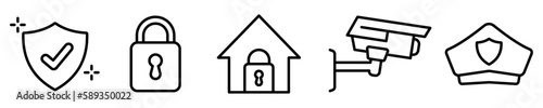 Conjunto de iconos de seguridad. Concepto de protección. Casa segura, seguro, cámara de seguridad, policía, candado. Ilustración vectorial