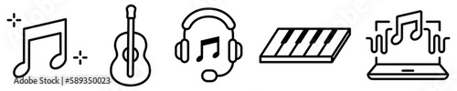 Conjunto de iconos de música. Instrumentos musicales, dispositivos de audio, sonido, melodía y composición. Ilustración vectorial
