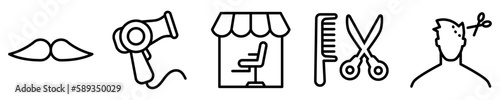 Conjunto de iconos de barbería. Peluquería, corte de cabello para hombre, peinilla, tijera, secadora, bigote. Ilustración vectorial