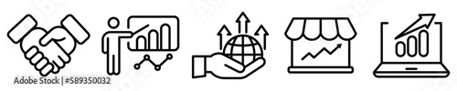 Conjunto de iconos de negocio. Desarrollo empresarial, estadísticas de ventas, conectividad, presentación de datos, asociación. Ilustración vectorial