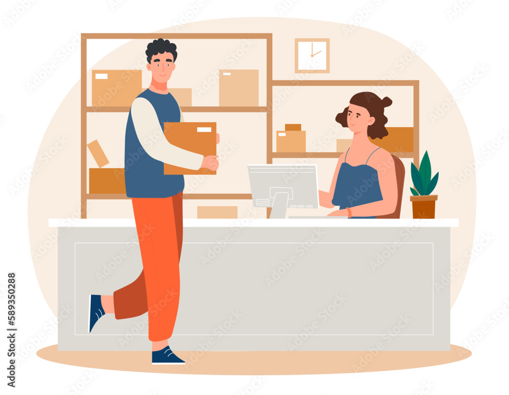 People at post office. Man comes with envelope or parcel to woman. Remote communication and business correspondence, logistics. Female operator in stockroom. Cartoon flat vector illustration People at post office. Man comes with envelope or parcel to woman. Remote communication and business correspondence, logistics. Female operator in stockroom. Cartoon flat vector illustration