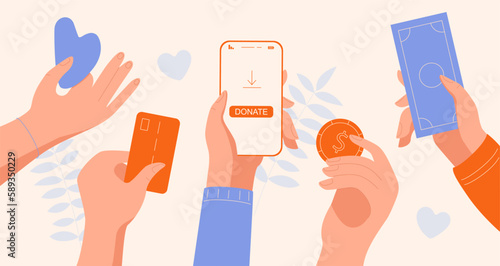 People donating money. People with smartphone, banknote, golden coin and bank card, heart. Charity and generosity, fund. Love, support and care. Gift and present. Cartoon flat vector illustration