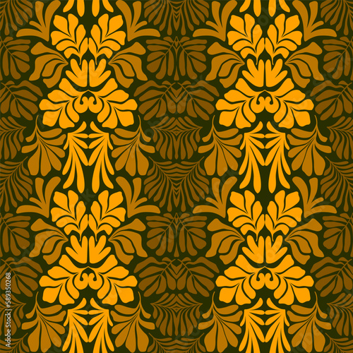Gold yellow gradient abstract background with tropical palm leaves in Matisse style. Vector seamless pattern with Scandinavian cut out elements.