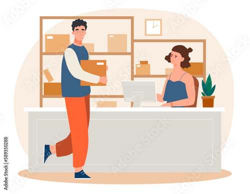 People at post office. Man comes with envelope or parcel to woman. Remote communication and business correspondence, logistics. Female operator in stockroom. Cartoon flat vector illustration