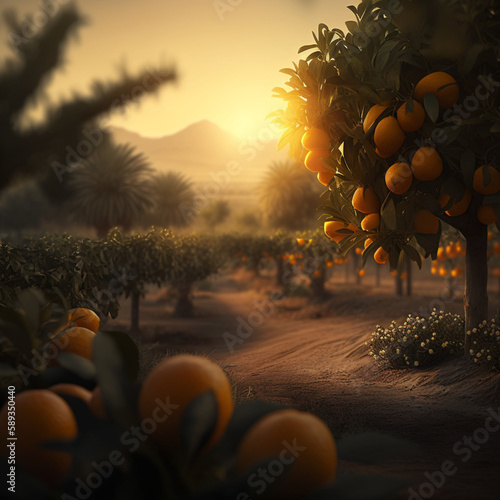 Ao amanhecer, é possível apreciar uma grande plantação de laranjas.