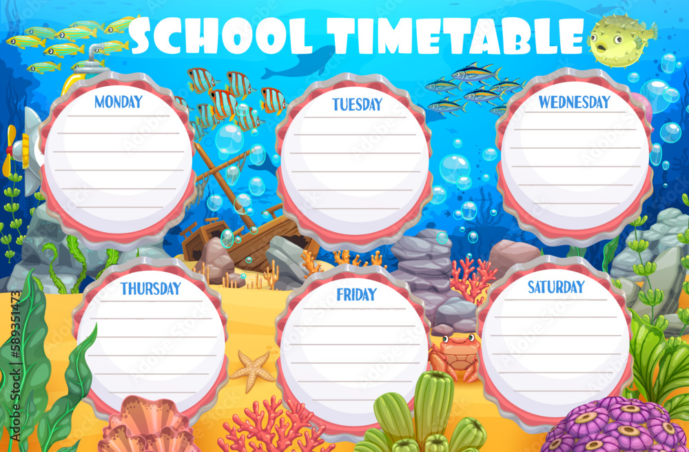 Timetable schedule, underwater landscape and cartoon animals. Education ...