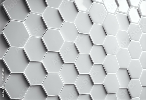 Polished  White Mosaic Tiles arranged in the shape of a wall. Semigloss  3D  Bricks stacked to create a Hexagonal block background. 3D Render. Generative AI