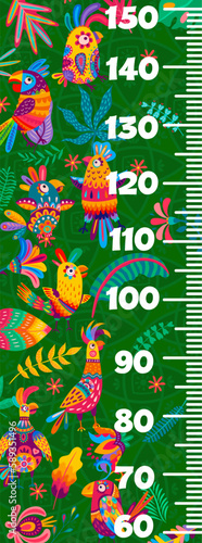Kids height chart ruler. Cartoon brazilian and mexican parrots in jungle vector meter. Measure scale with exotic birds, tropical plants and flowers for kids height chart or stadiometer wall sticker
