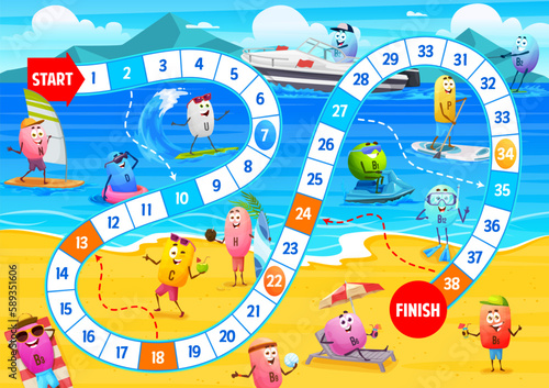 Kids step board game. Cartoon vitamin characters on summer beach. Vector playing activity worksheet with food supplement capsules N, D, U, B1 and B6. Nutrients P, B3 and B12, C or H