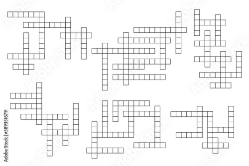 Crossword game grid templates, word guess quiz layout, vector empty boxes background. Crossword game grids in vertical and horizontal cross boxes, word guess quiz or intellectual riddle worksheets