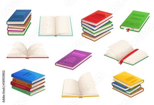 Cartoon books, textbooks and bestsellers, opened books in stacks. Library isolated vector literature books or school education, opened textbooks with bookmark and closed in pile stacks