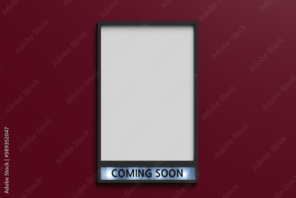 Coming soon movie poster mockup on red wall, 3d rendering Coming soon movie poster mockup on red wall, 3d rendering