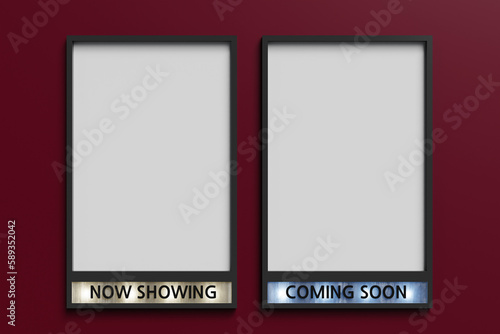 Now showing and Coming soon movie poster mockup on red wall, 3d rendering