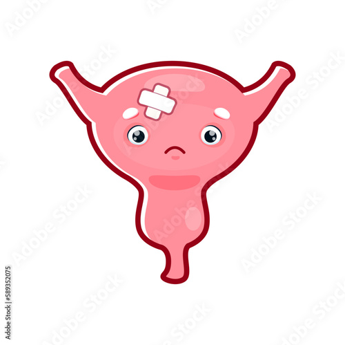 Cartoon sick bladder organ character, vector personage of human urinary system anatomy. Pink inflamed bladder with sad face, painful urethra and ureters, cystitis, urinary inflammation or infection