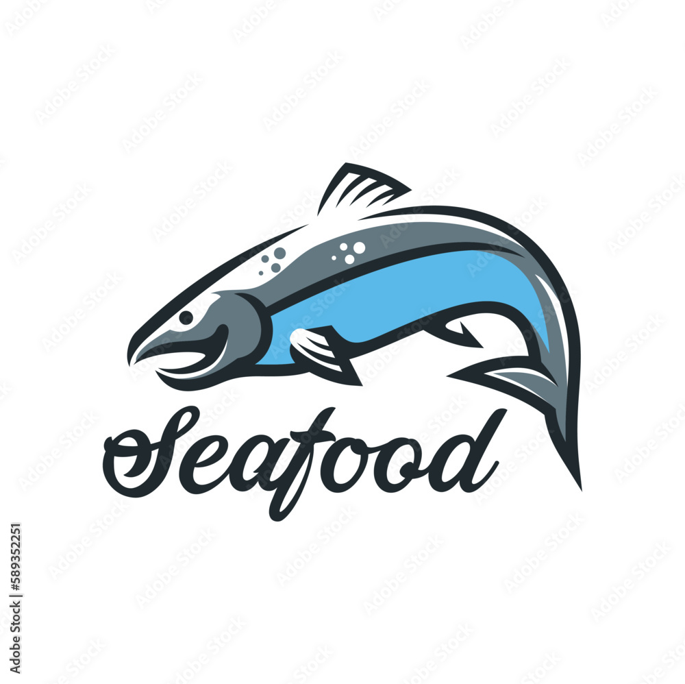 Salmon seafood icon with vector fish, sea and ocean animal. Sea food restaurant menu, market emblem or fishing sport club symbol with atlantic, chinook or coho salmon fish leaping with curved tail