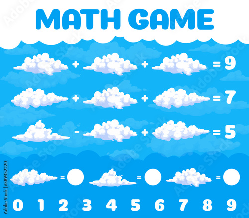 Cartoon white clouds in blue sky math game worksheet. Vector mathematics riddle for children education, learning arithmetic equations. Development of calculation skills, puzzle task to learn counting