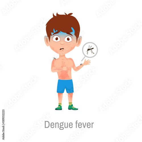 Child with dengue fever disease. Isolated vector sick little boy with allergies on infected mosquito bite with red itchy rash pimples on body. Insects sucking child blood. Kid sickness symptoms