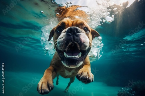 Funny dog swimming underwater. Generative AI © Scrudje