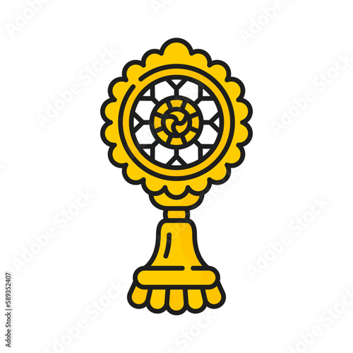 Dharmachakra chamaru knowledge sign buddhism religion icon. Vector wheel of law gautama Buddha and Dharma teaching. Dharma wheel auspicious sign