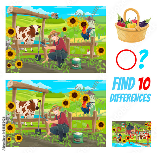 Find ten differences of farmer on field, kids game quiz and vector cartoon puzzle. Famer on farm garden with cow and rooster planting vegetables, kids puzzle worksheet to find differences on picture