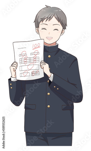 100点満点成績が上がって喜ぶ男子学生のイラスト