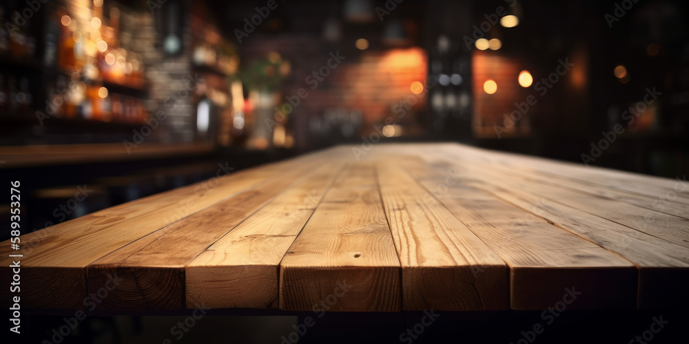 An empty wooden counter table top for product display in a pub or bar. Generative ai