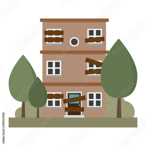 cartoon boarded up house. Building, city. Vector illustration.