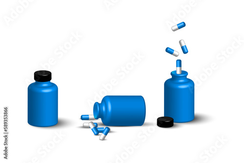 pills fall into bottles. Realistic 3d vector. Vector illustration.