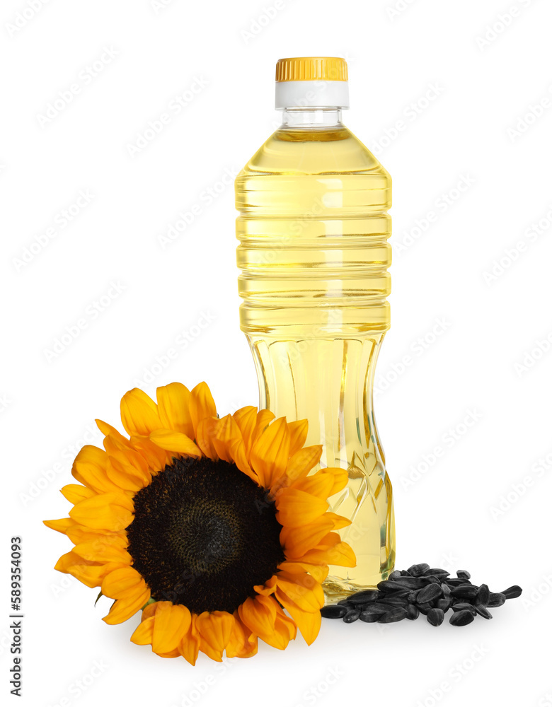 Sunflower cooking oil, seeds and yellow flower on white background