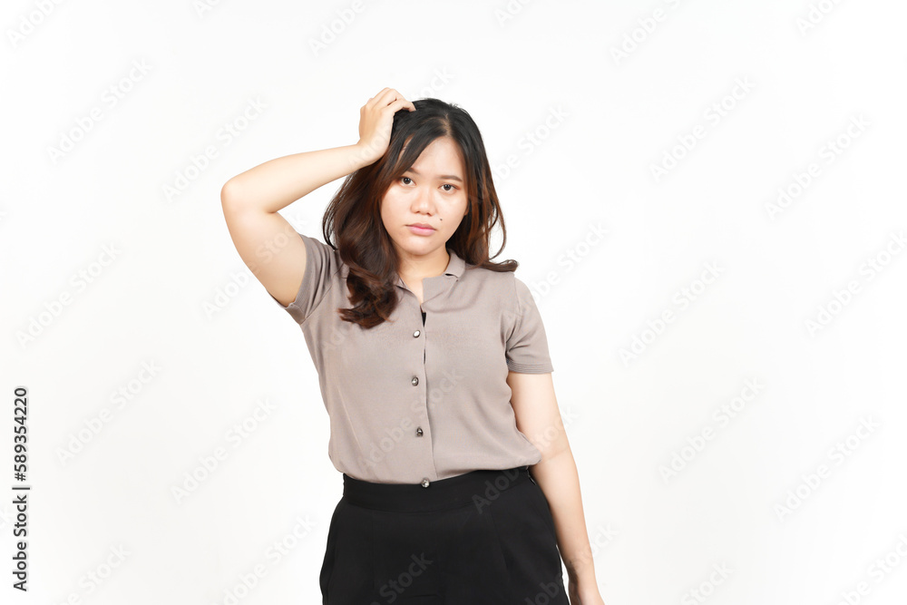 Hand on head with confused gesture Of Beautiful Asian Woman Isolated On White Background Hand on head with confused gesture Of Beautiful Asian Woman Isolated On White Background
