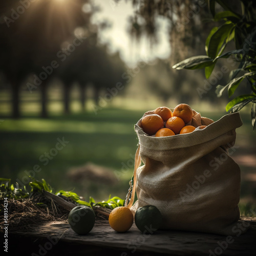 Laranjas recém colhidas em um saco com algumas laranjas ao lado.  photo