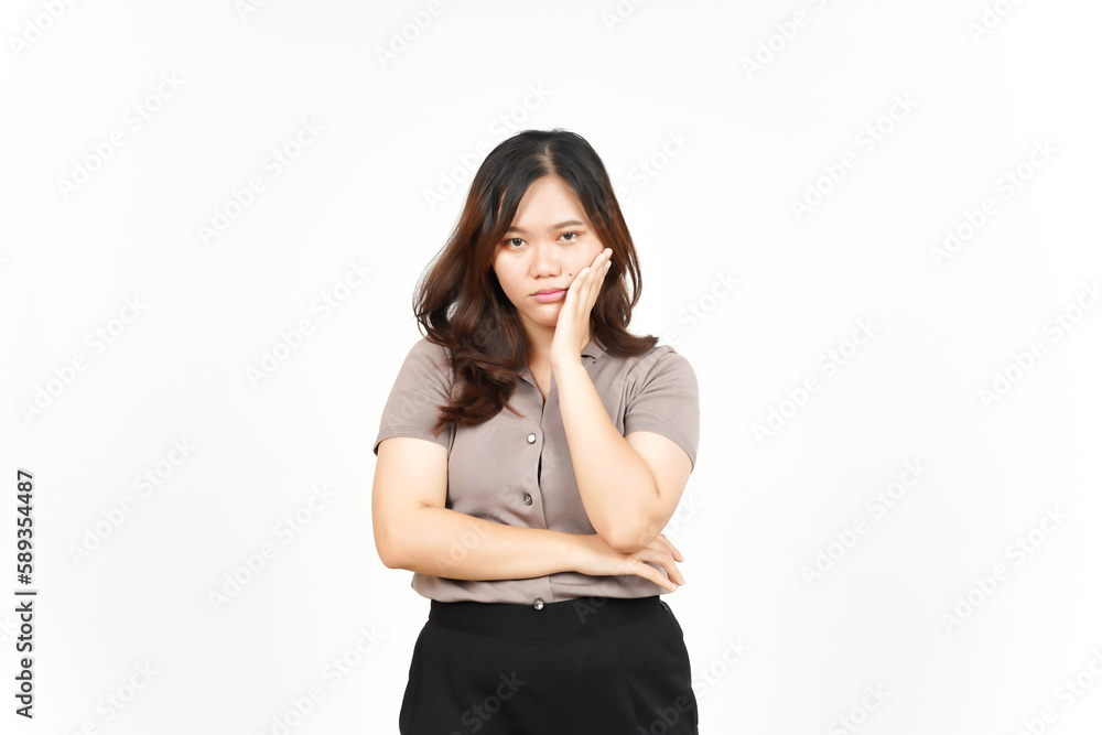 Boring Gesture Hand on Cheek Of Beautiful Asian Woman Isolated On White Background Boring Gesture Hand on Cheek Of Beautiful Asian Woman Isolated On White Background