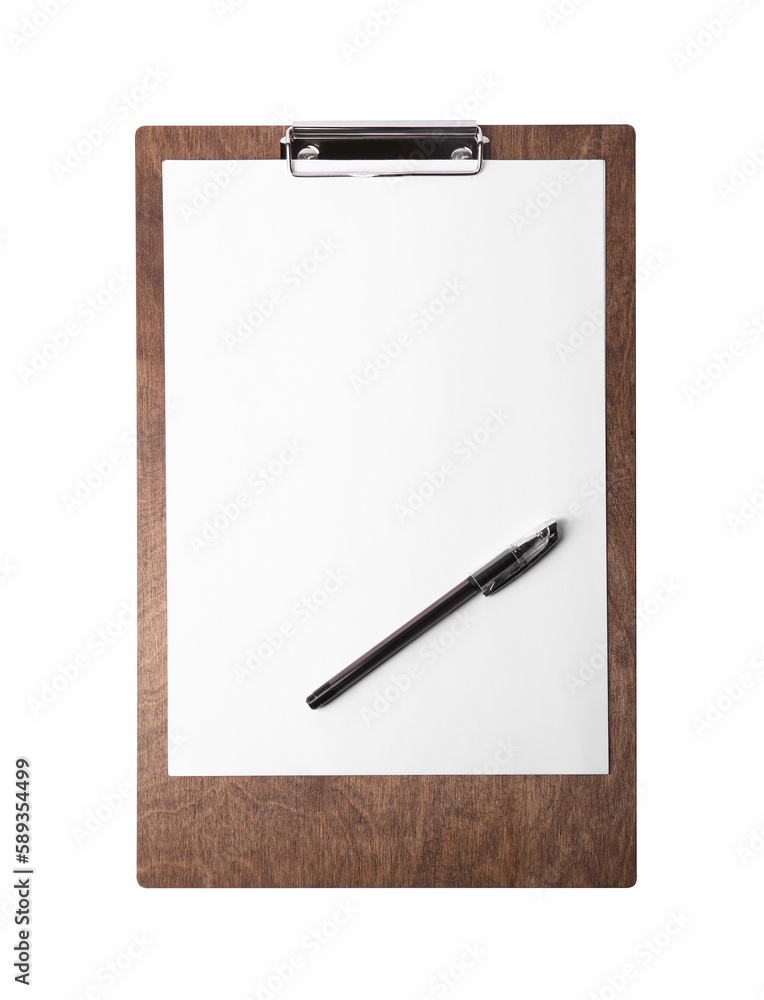 Wooden clipboard with sheet of paper and pen isolated on white, top view. Space for text Wooden clipboard with sheet of paper and pen isolated on white, top view. Space for text