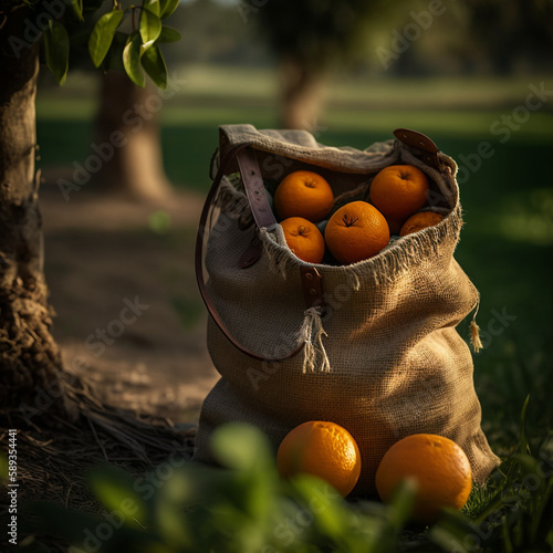 Laranjas recém colhidas em um saco com algumas laranjas ao lado. photo