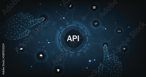 Application Programming Interface (API). Software development tool, information technology, modern technology, internet and networking concept on dark blue background.