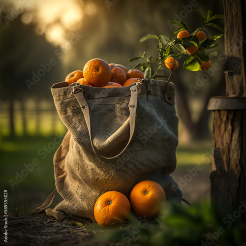 Laranjas recém colhidas em um saco com algumas laranjas ao lado. photo