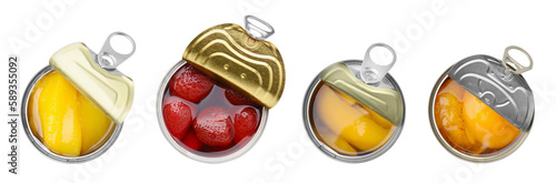 Tableau sur toile Set of metal cans with different food on white background, top view
