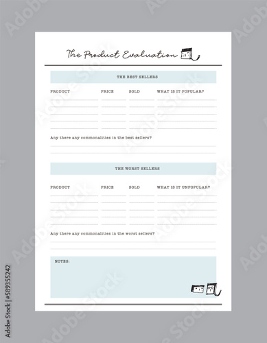 The Product Evaluation Planner. Business organizer page. Paper sheet. Realistic vector illustration. 