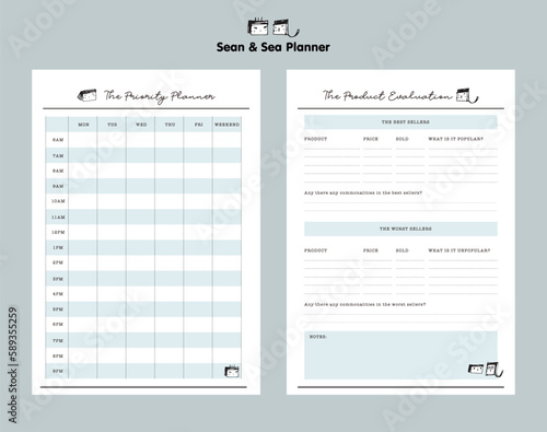 The Product Evaluation and the priority Planner. Cute style with Sean and Sea partners.  Minimalist planner template set. Vector illustration.
