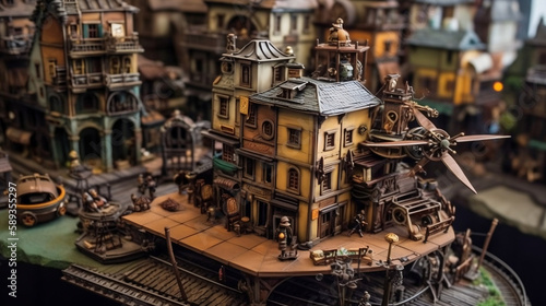 Tilt-shift landscape of Miniature Steampunk cities made with Generative Ai #589355297