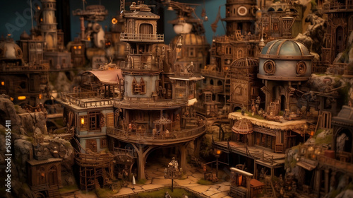 Tilt-shift landscape of Miniature Steampunk cities made with Generative Ai © Nina