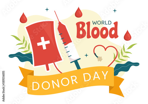 World Blood Donor Day on June 14 Illustration with Human Donated Bloods for Give the Recipient in Save Life Flat Cartoon Hand Drawn Templates photo