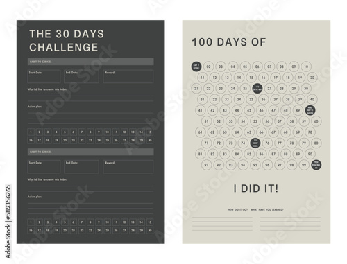 (Sketch) 2 set of 30, 100 Days challenge and goal Planner. Plan your day make dream happen.