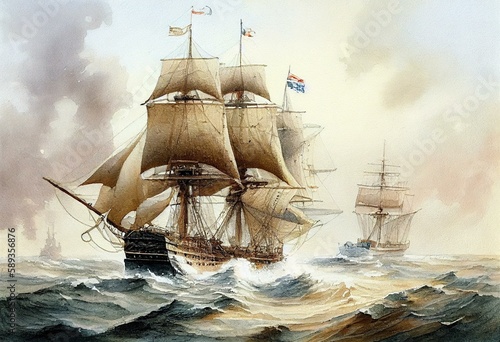 Tablou canvas old british ship fighting old french ship watercolour Generative AI