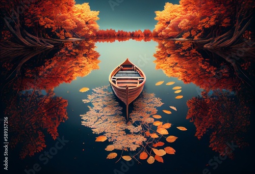 Fotografie, Obraz Generative AI illustration of single rowing boat on peaceful calm lake in Autumn