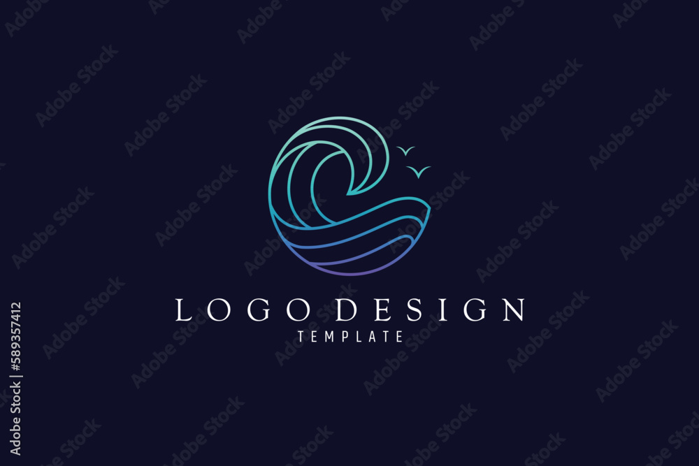 blue waves logo with seagull decoration in line art design style and dark blue background blue waves logo with seagull decoration in line art design style and dark blue background