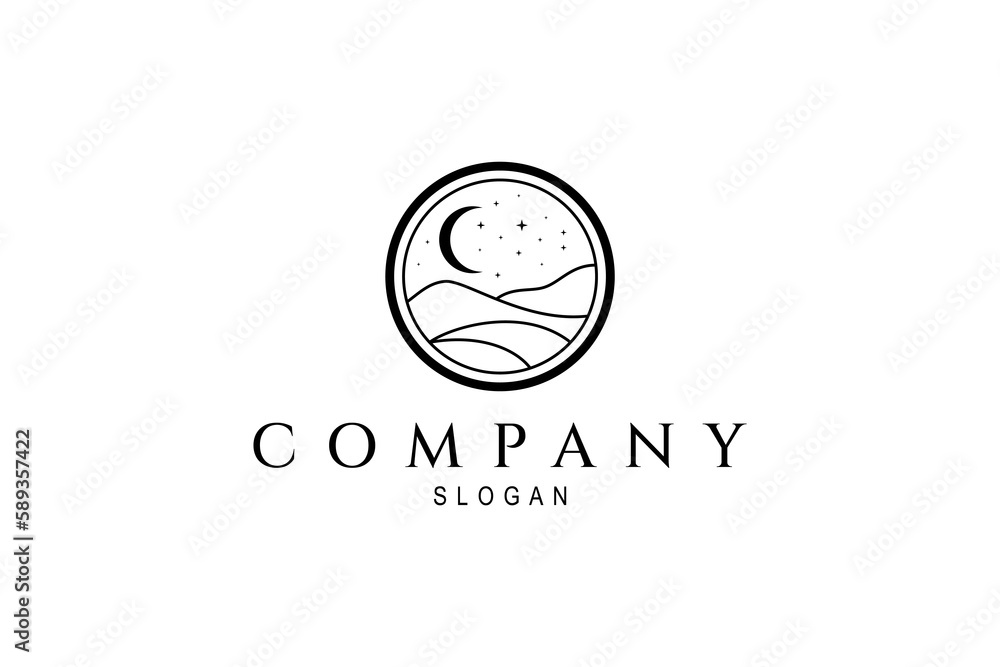 logo of hills or mountain ranges at night with crescent moon and twinkling stars decoration in circle emblem design style logo of hills or mountain ranges at night with crescent moon and twinkling stars decoration in circle emblem design style